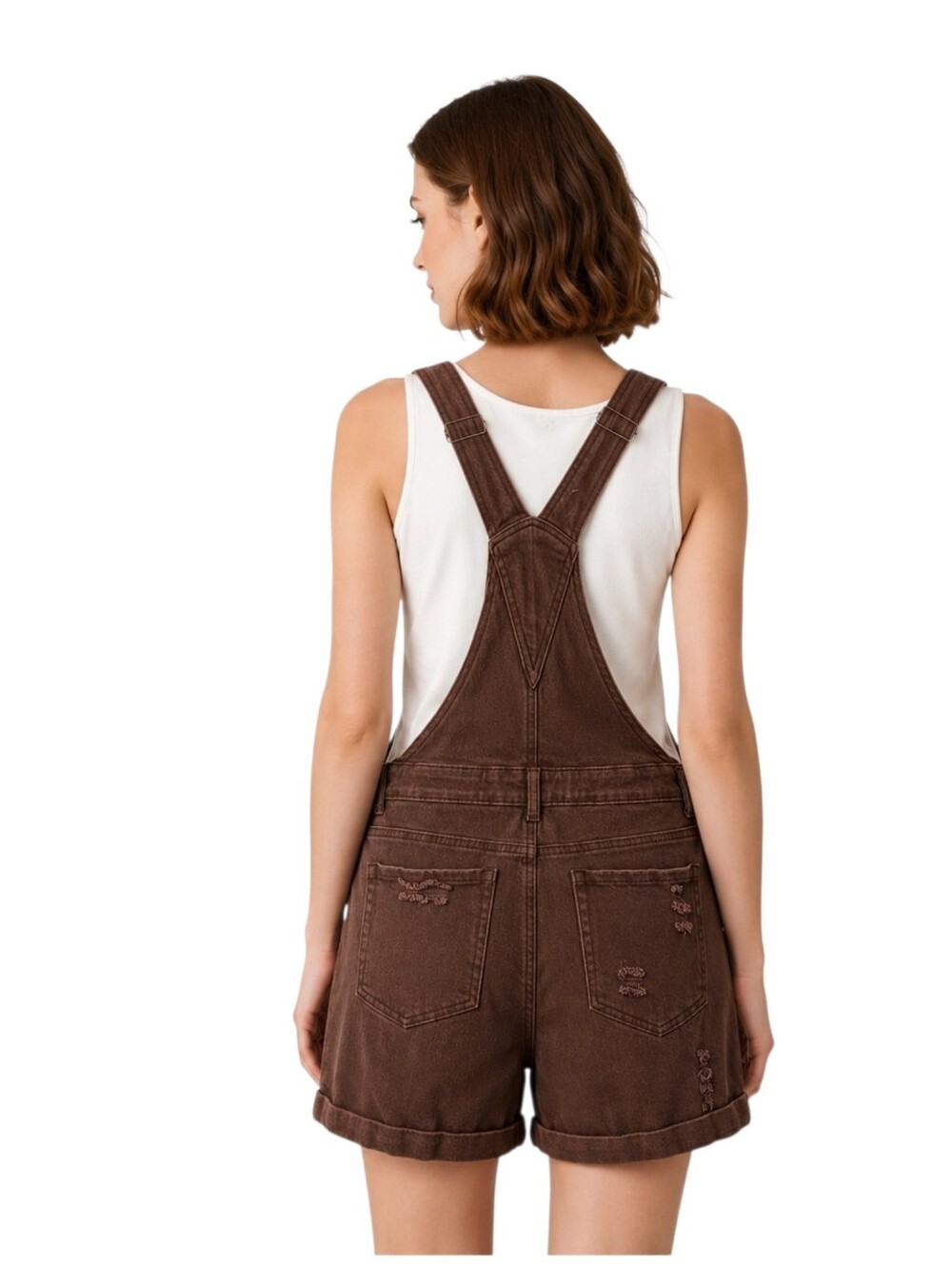 Overall brown denim shorts distressed casual adjustable straps, pockets, fun! - Picture 3 of 14
